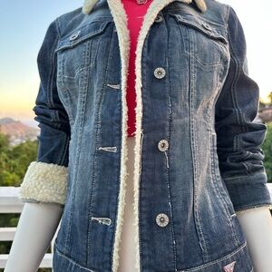 Guess Blue Denim Jacket with Shearling Lining
